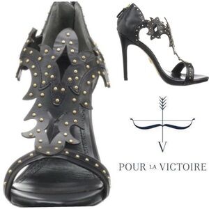Pour La Victoire Black Leather Heels Studded Open Toe Ankle Straps Women's 7.5